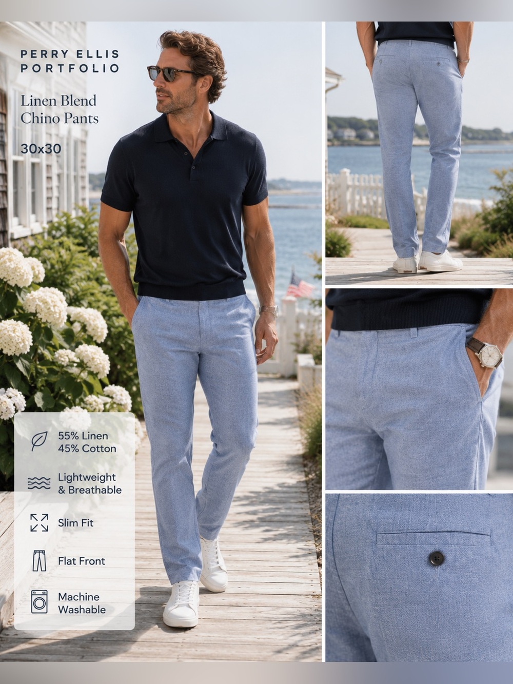 Perry Ellis Portfolio Slim Fit Linen Blend Chino Pants 30x30 Light Blue